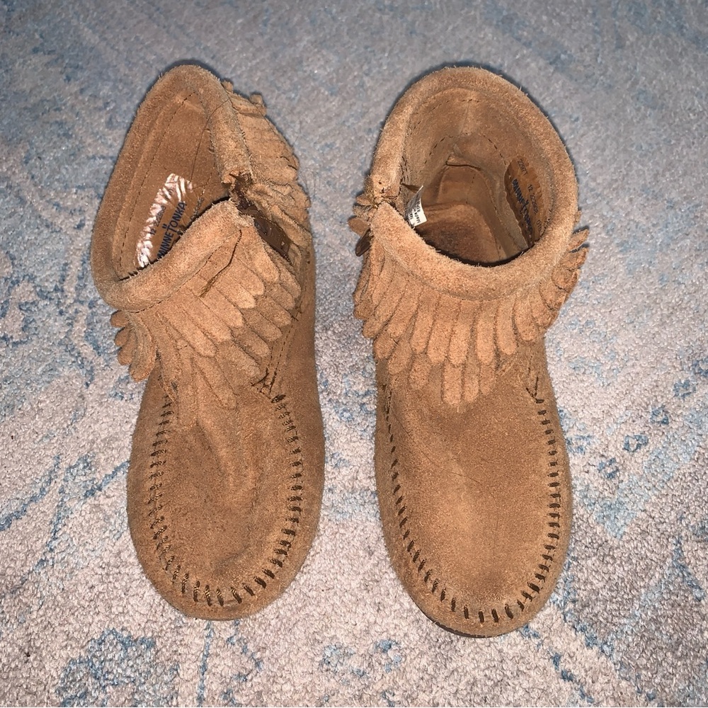 Minnetonka Brown Kids Moccasins with Fringe